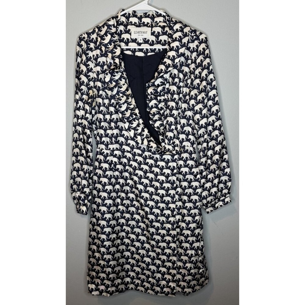 Elizabeth Mckay Elephant Print Silk Long Blue Cardigan Size 6 Lightweight Animal